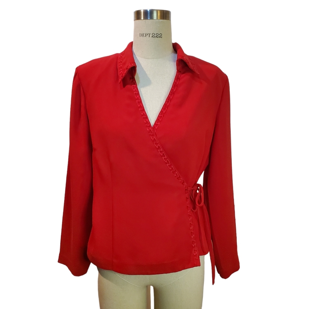 Plaza‎ South Petite Vintage Red Wrap Embroidered Blazer Size 12